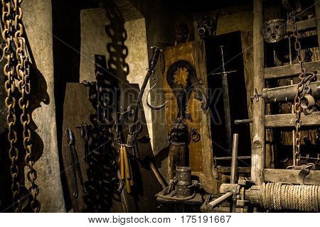 Old medieval torture chamber with many very painfull tools