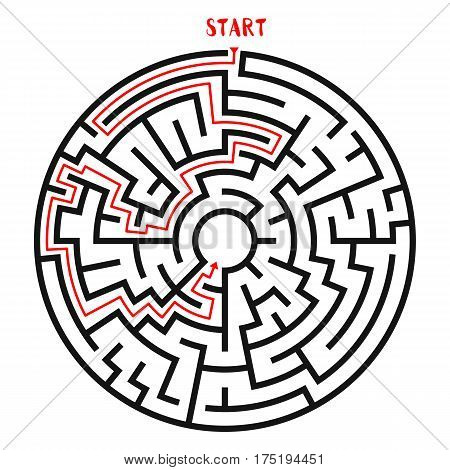 Circle Maze with Solution. Labyrinth with Entry and Exit. Find the Way Out Concept. Vector Illustration.