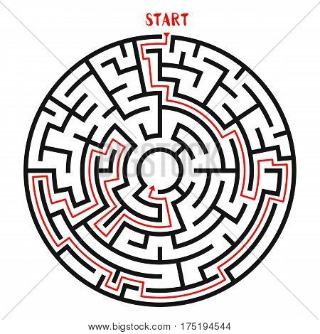 Circle Maze with Solution. Labyrinth with Entry and Exit. Find the Way Out Concept. Vector Illustration.
