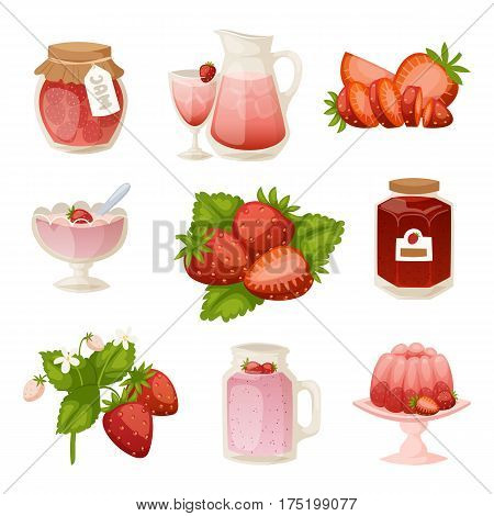 Confectionery desserts strawberry milk cake cupcake pink icon set delicious raw ripe jam and fresh product fruit healthy red berry vector illustration. Yogurt cream nutrition juicy organic food.