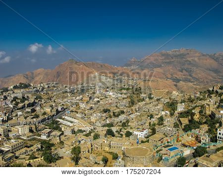 Aerial view to Hajjah city and Haraz mountain Yemen