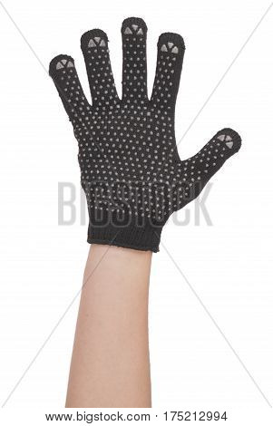 Gardener hand in resistance glove which is located at the bottom of the screen isolated on white background