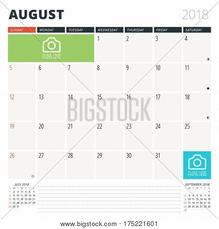 Calendar Planner For August 2018. Design Template. Week Starts On Sunday. 3 Months On The Page. Phas