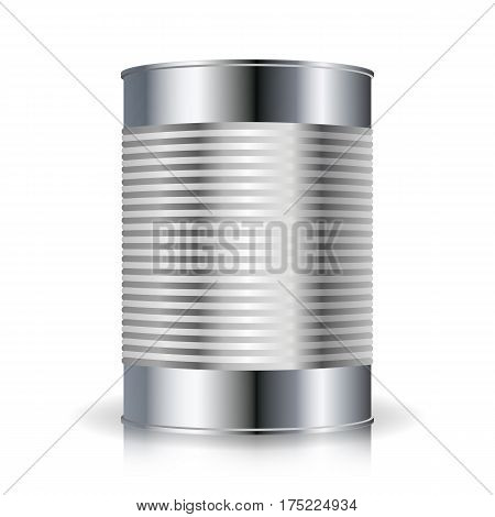 Metallic Cans Vector. Food Tincan Ribbed Metal Tin Can, Canned Food. Blank For Your Design. Realistic Empty Product Packing Template With Shadow