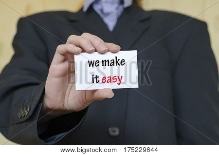 We make it easy text note concept over business woman background