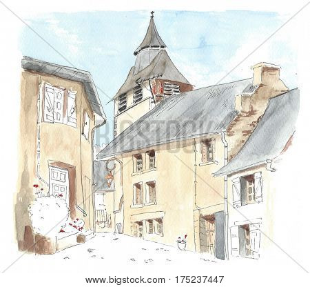 Illustration little French village Chamberet in Correze