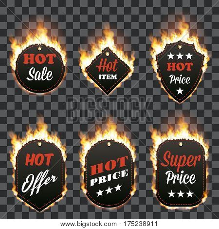 Set of six hot sale frames of different shapes surrounded with realistic flame isolated on transparent background. Burning fire light effect. Bonfire elements. Gradient mesh vector for your design