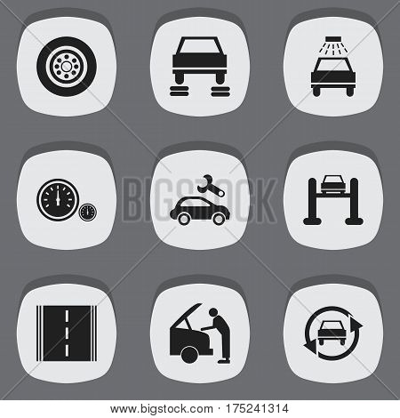 Set Of 9 Editable Transport Icons. Includes Symbols Such As Car Fixing, Car Lave, Speedometer And More. Can Be Used For Web, Mobile, UI And Infographic Design.