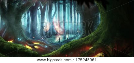 Magic Night Dream Fantasy Forest Illustration Glow Particles Huge Trees Giants rasterized