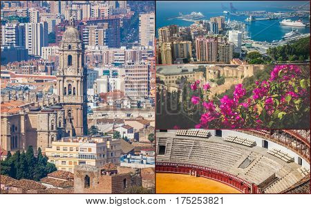 Collage of of Malaga with bullring and harbor. Spain
