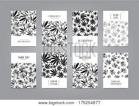 Set of cards with pattern of marijuana leaves for label poster web. Abstract black and white templates. Vector template Cannabis Sativa leaf for design card invitation placard brochure flyer.