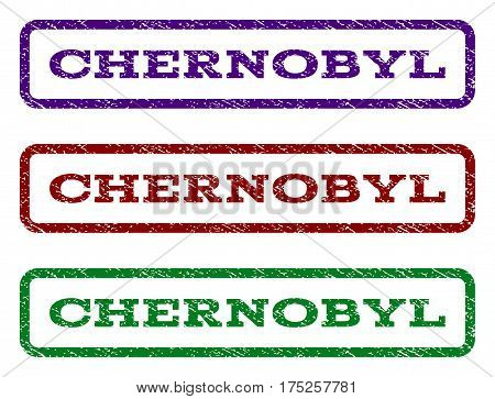 Chernobyl watermark stamp. Text tag inside rounded rectangle frame with grunge design style. Vector variants are indigo blue, red, green ink colors. Rubber seal stamp with unclean texture.