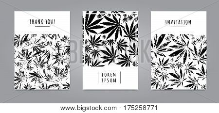 Set of cards with pattern of marijuana leaves for label poster web. Abstract black and white templates. Vector template Cannabis Sativa leaf for design card invitation placard brochure flyer.