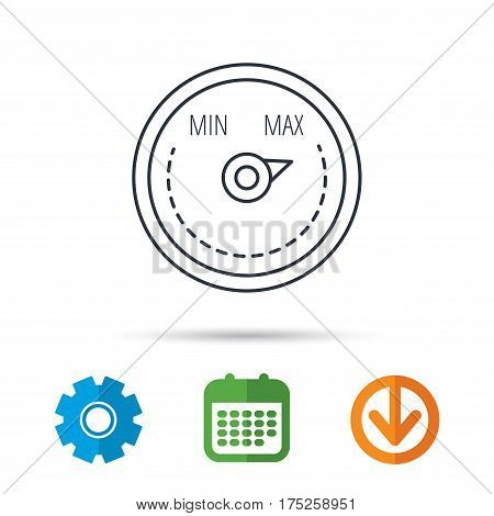 Heat regulator icon. Radiator thermometer sign. Calendar, cogwheel and download arrow signs. Colored flat web icons. Vector