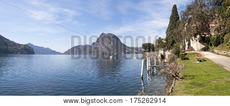 Lugano Castagnola Switzerland - April 8 2015: Gulf of Lake of Lugano