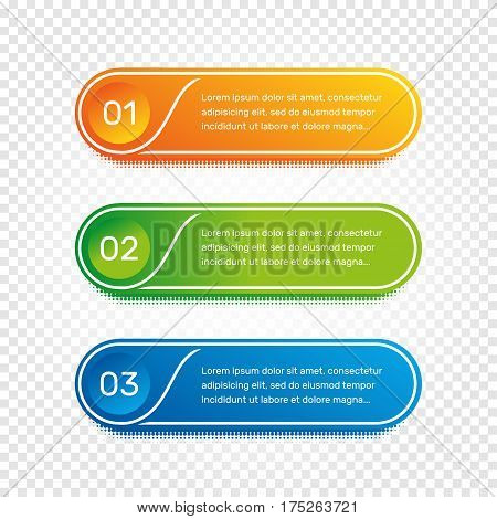 Layout workflow. Outline colorful menu for app interface. Number options. Web design of buttons elements. Infographics 1. 2. 3. vector template. Text illustration