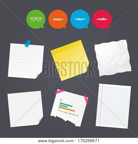 Business paper banners with notes. Programmer coder glasses icon. HTML markup language and PHP programming language sign symbols. Sticky colorful tape. Speech bubbles with icons. Vector