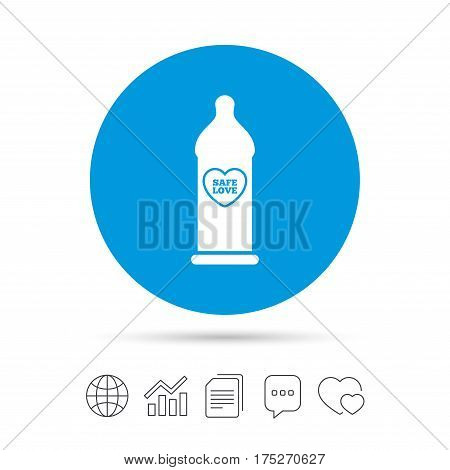 Condom safe sex sign icon. Barrier contraceptive symbol. Copy files, chat speech bubble and chart web icons. Vector