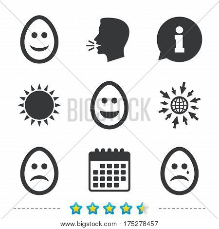 Eggs happy and sad faces icons. Crying smiley with tear symbols. Tradition Easter Pasch signs. Information, go to web and calendar icons. Sun and loud speak symbol. Vector