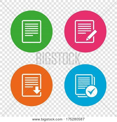 File document icons. Download file symbol. Edit content with pencil sign. Select file with checkbox. Round buttons on transparent background. Vector