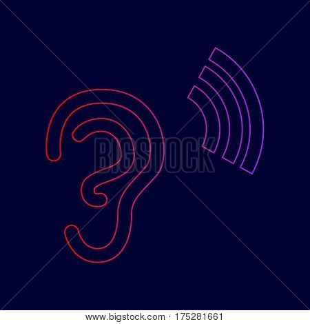 Human ear sign. Vector. Line icon with gradient from red to violet colors on dark blue background.