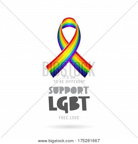 Support LGBT. It's okay to be different. Lettering. Rainbow ribbon. Vector illustration on white background. Sex Culture concept.