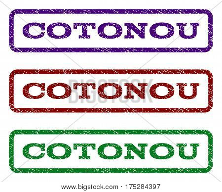 Cotonou watermark stamp. Text tag inside rounded rectangle with grunge design style. Vector variants are indigo blue, red, green ink colors. Rubber seal stamp with dust texture.