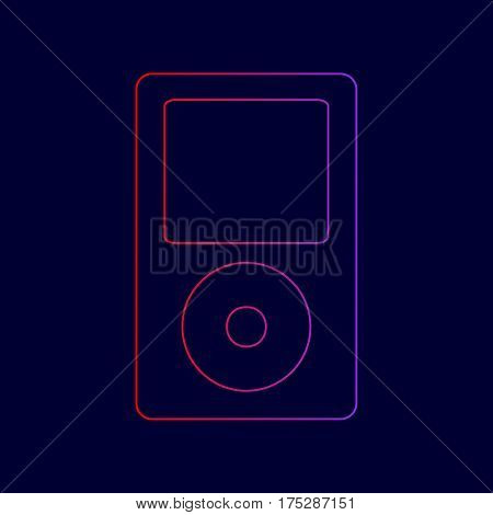 Portable music device. Vector. Line icon with gradient from red to violet colors on dark blue background.