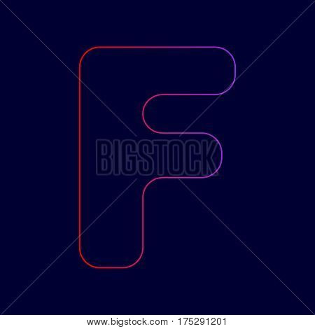 Letter F sign design template element. Vector. Line icon with gradient from red to violet colors on dark blue background.