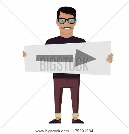 Shows direction. Man holding a pointer. Illustration on white background.