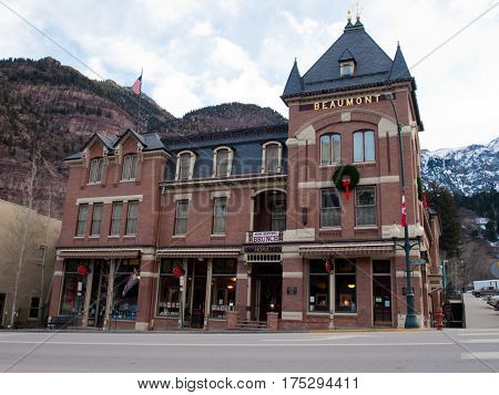 Ouray Colorado-January 7 2012: Old hotel in small mountain town of Ouray Colorado.