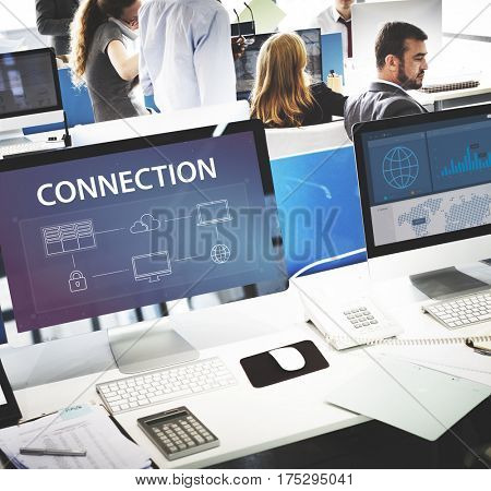 Group of people working on computer network graphic overlay
