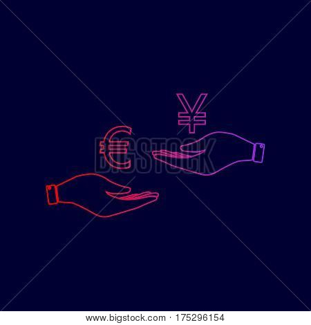 Currency exchange from hand to hand. Euro and Yen. Vector. Line icon with gradient from red to violet colors on dark blue background.