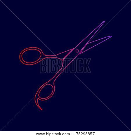 Hair cutting scissors sign. Vector. Line icon with gradient from red to violet colors on dark blue background.