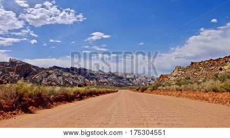 Washboard dirt road in desert. Escalante National Monument. Kanab. Cedar City. Utah. United States.