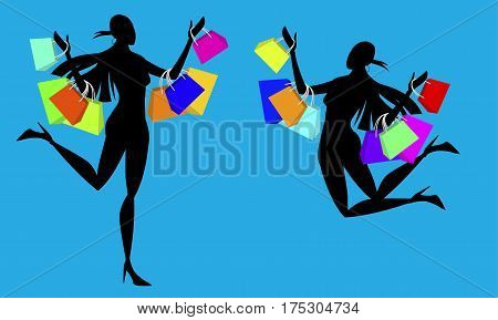 silhouette Shopping Addicted Girl on isolated  background