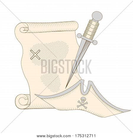 Pirate map concept with a hat and a dirk. Stock vector shaded illustration on white backround.