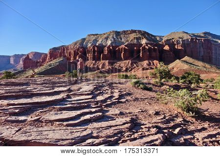Man hiking in Capitol Reef Natonal Park. Kanab. Escalante. Utah. United States.