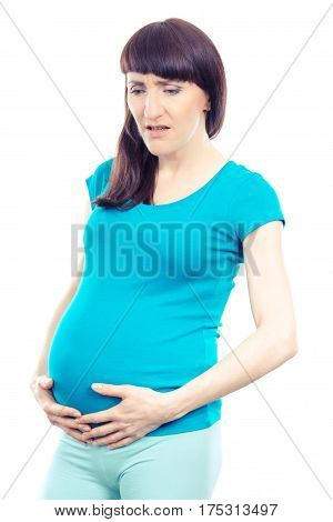 Sad Pregnant Woman With Stomach Pain Touching Her Belly, Aches In Pregnancy And Risk Of Miscarriage
