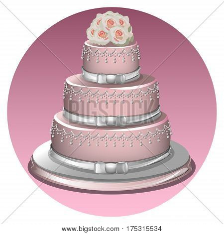 Cake decorated with flowers and a bride and groom toppers.