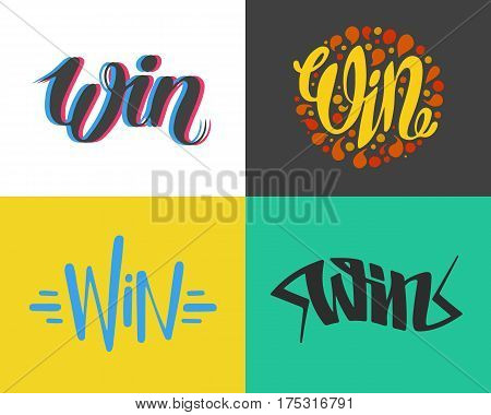 Win text sign test success message contest promotion banner competition and award lucky lottery word modern reward gamble champion vector illustration. Decoration label entry chance element.