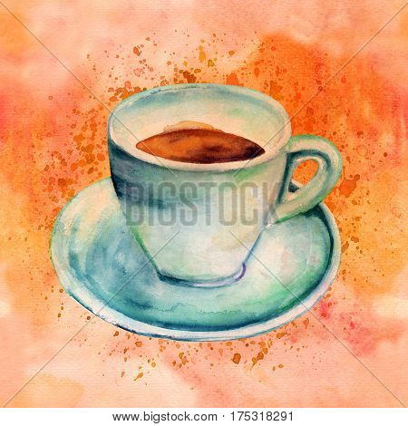 A watercolour card with a drawing of a cup of coffee on a sepia toned background texture with a place for text
