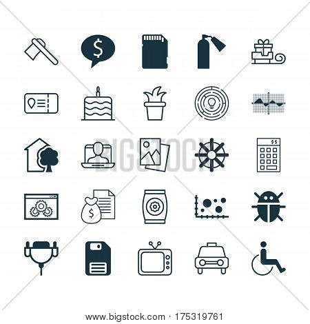 Set Of 25 Universal Editable Icons. Can Be Used For Web, Mobile And App Design. Includes Elements Such As Diskette, Television, Beetle And More.