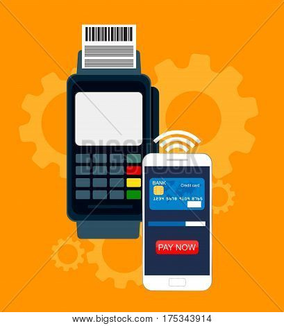 Mobile payments using smartphone, credit card and terminal, near field communication technology, online banking. Vector illustration, flat design.