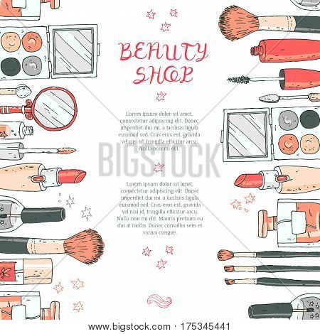 Makeup cosmetics tools background and beauty cosmetics. Isolated cosmetics products and facial cosmetics package lipstick, eyeshadow. Design template. Red and gray colors.