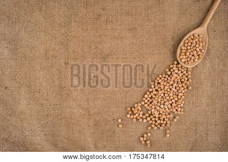Dried white chickpeas ceci on sack. Top view.