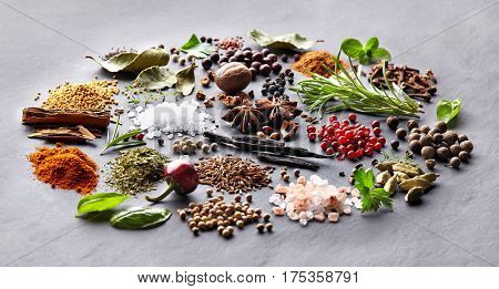 Herbs and spices on a graphite board