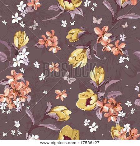 Elegance Seamless pattern with of flowers on brown background, floral vector illustration