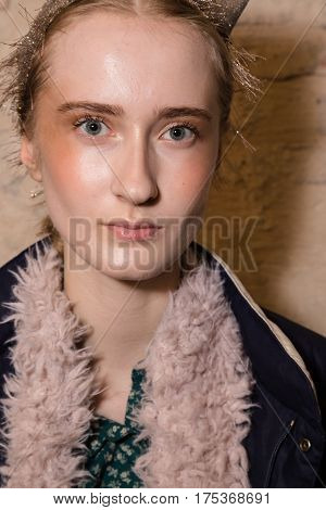 MILAN ITALY - FEBRUARY 25: Gorgeous model poses in the backstage just before Cividini show during Milan Women's Fashion Week on FEBRUARY 25 2017 in Milan.