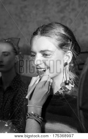 MILAN ITALY - FEBRUARY 25: Gorgeous models pose in the backstage just before Cividini show during Milan Women's Fashion Week on FEBRUARY 25 2017 in Milan.